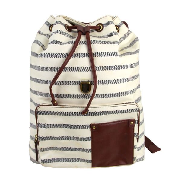 Fossil WHITE GRAY COATED CANVAS BROWN LEATHER TRIM HANDLES SHOULDER BAG BACKPACK - Picture 7 of 16